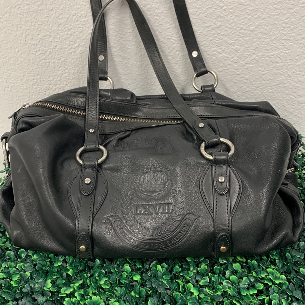 Lauren Ralph Lauren Embossed LXVII Logo Black Leather Satchel